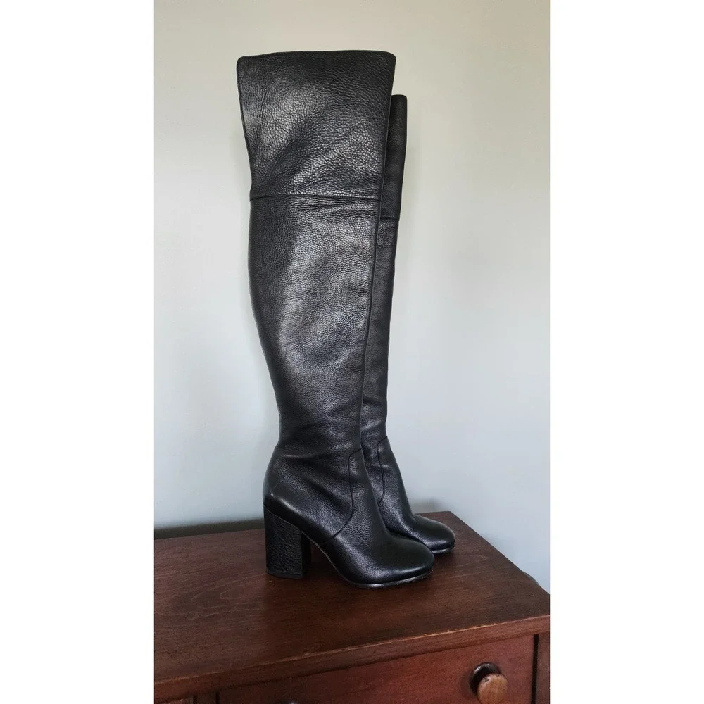 Via Spiga Beline Over The Knee Boots Black Pebbled Leather Block Heel Size 6 M